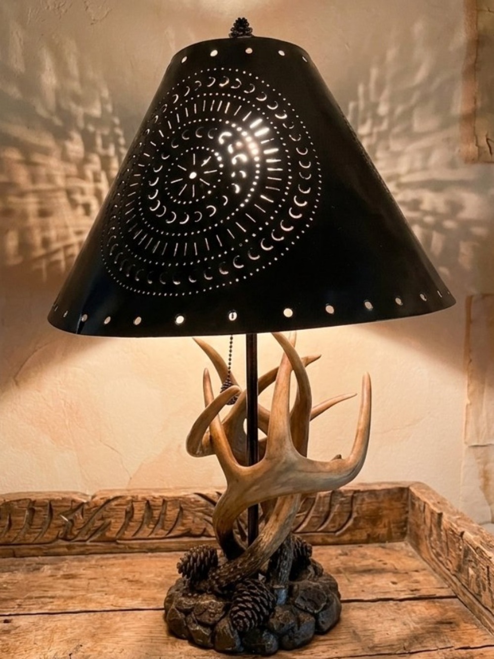 Antler Accent Table Lamp with brown tin Pierced Shade